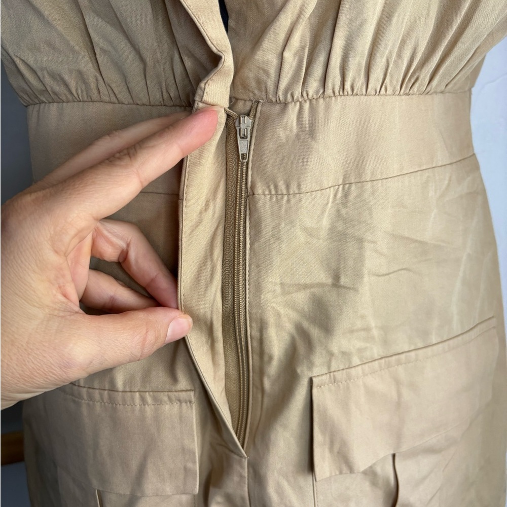 ZARA POPLIN CARGO JUMPSUIT TAN sz S Beige khaki Short Utility - Picture 11 of 12